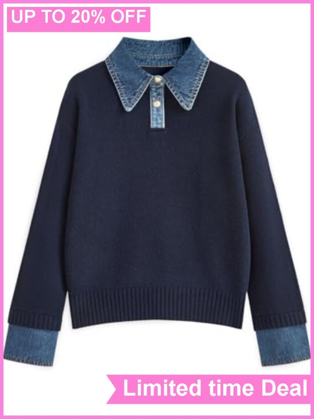 Oversized Denim Polo Knit Collared Sweater Button Up Pullover